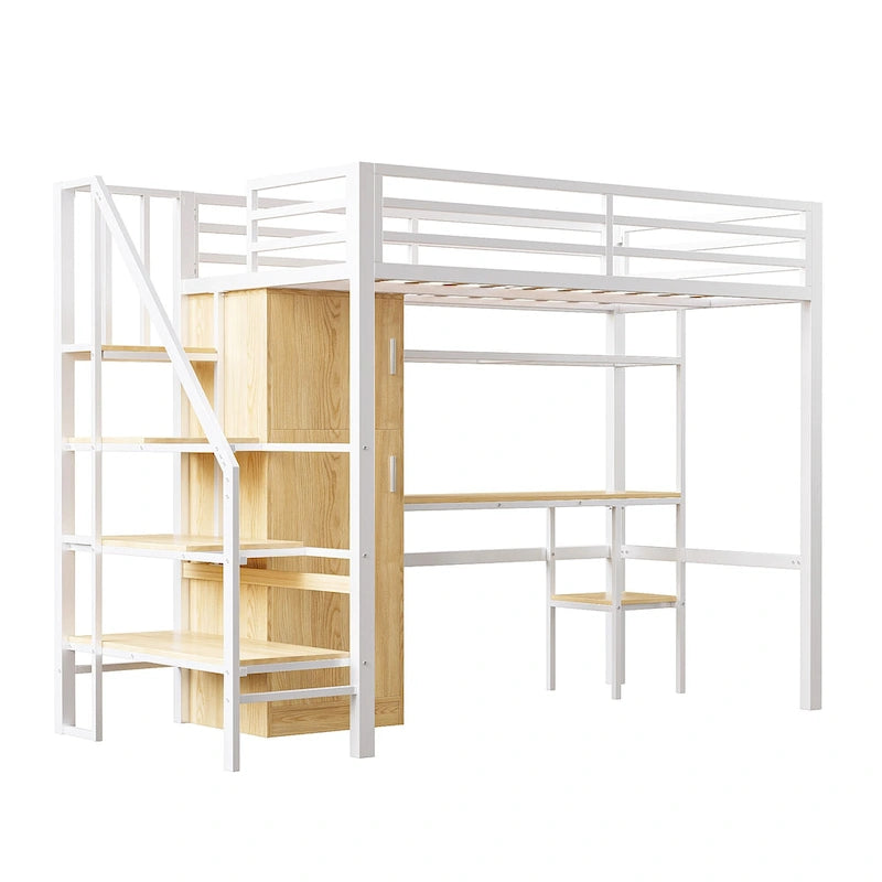 Twin Loft Bed with Desk & Storage Shelf, Full Guardrails Metal Kids Loft Bed with Storage Staircase & Wardrobe for Kids, Teens