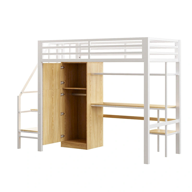 Twin Loft Bed with Desk & Storage Shelf, Full Guardrails Metal Kids Loft Bed with Storage Staircase & Wardrobe for Kids, Teens