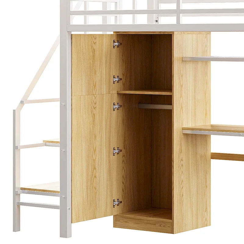 Twin Loft Bed with Desk & Storage Shelf, Full Guardrails Metal Kids Loft Bed with Storage Staircase & Wardrobe for Kids, Teens