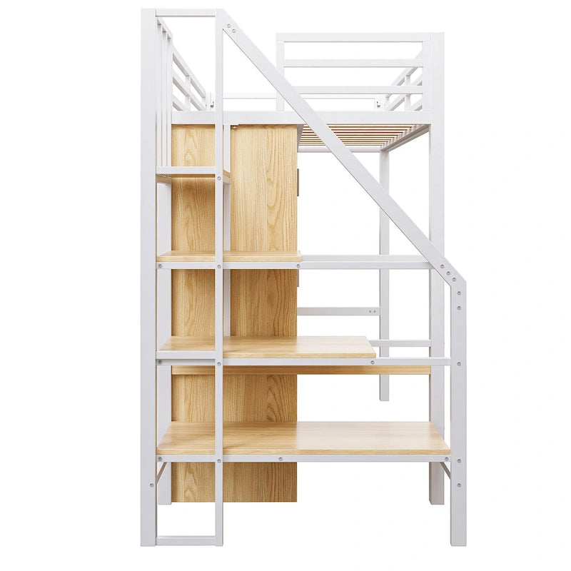 Twin Loft Bed with Desk & Storage Shelf, Full Guardrails Metal Kids Loft Bed with Storage Staircase & Wardrobe for Kids, Teens