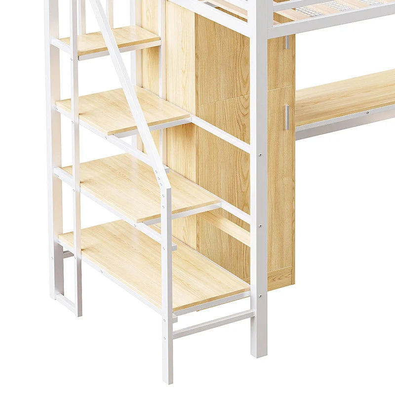 Twin Loft Bed with Desk & Storage Shelf, Full Guardrails Metal Kids Loft Bed with Storage Staircase & Wardrobe for Kids, Teens