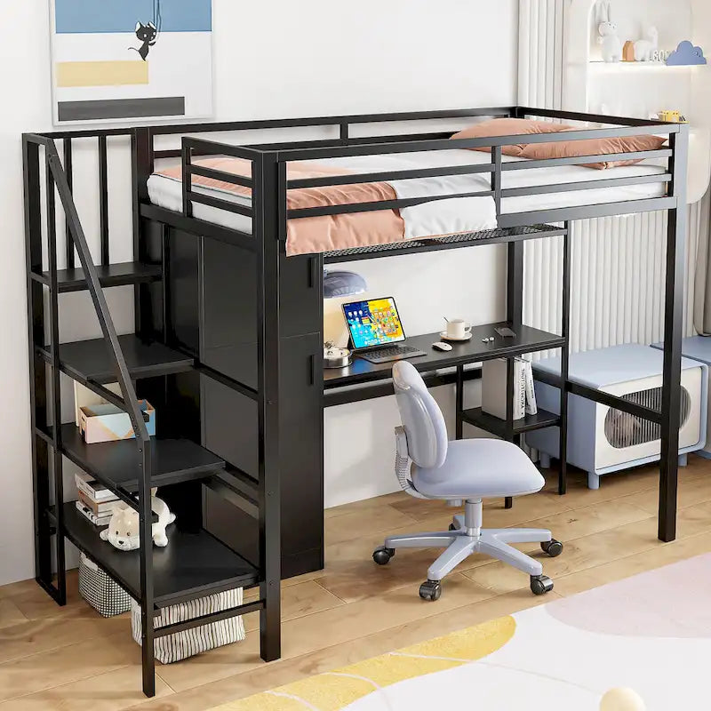 Twin Loft Bed with Desk & Storage Shelf, Full Guardrails Metal Kids Loft Bed with Storage Staircase & Wardrobe for Kids, Teens