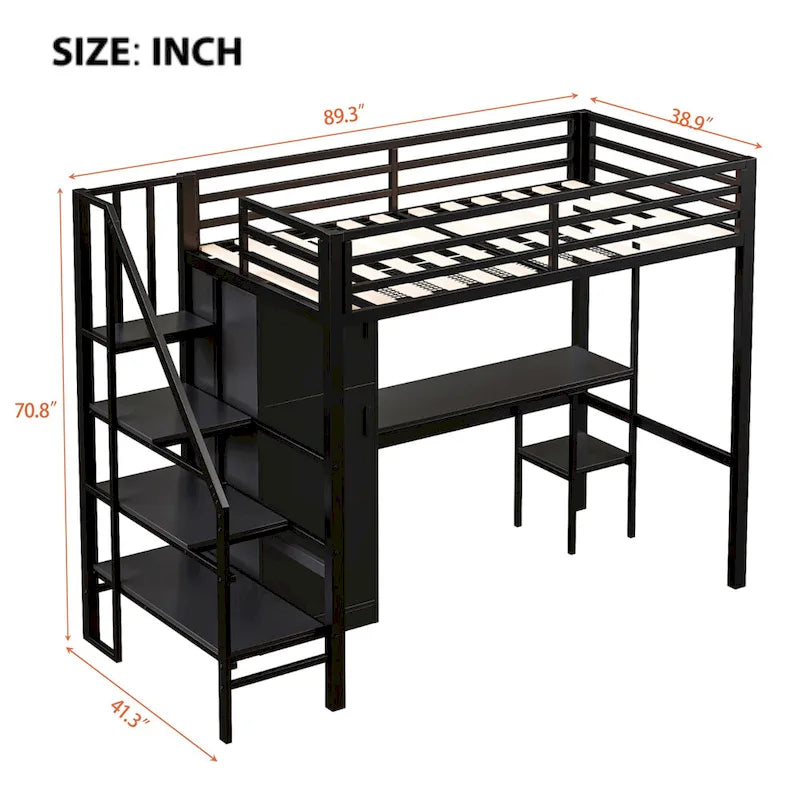 Twin Loft Bed with Desk & Storage Shelf, Full Guardrails Metal Kids Loft Bed with Storage Staircase & Wardrobe for Kids, Teens