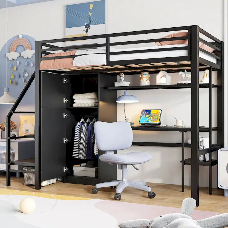 Twin Loft Bed with Desk & Storage Shelf, Full Guardrails Metal Kids Loft Bed with Storage Staircase & Wardrobe for Kids, Teens