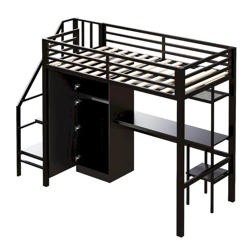 Twin Loft Bed with Desk & Storage Shelf, Full Guardrails Metal Kids Loft Bed with Storage Staircase & Wardrobe for Kids, Teens