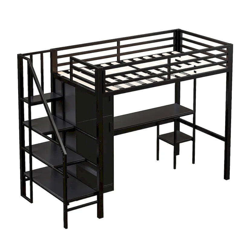 Twin Loft Bed with Desk & Storage Shelf, Full Guardrails Metal Kids Loft Bed with Storage Staircase & Wardrobe for Kids, Teens