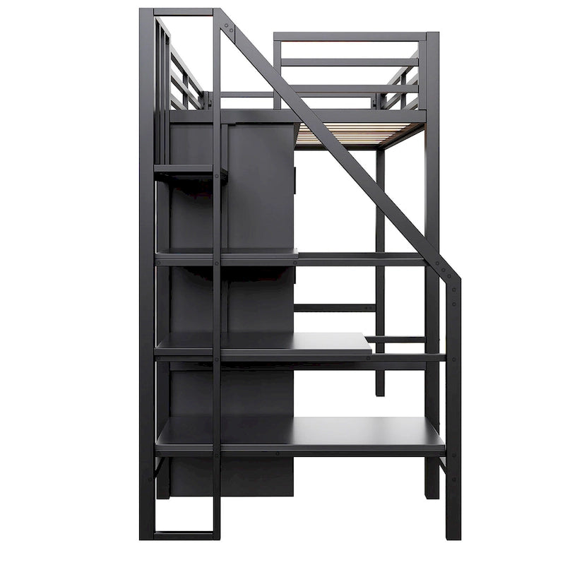Twin Loft Bed with Desk & Storage Shelf, Full Guardrails Metal Kids Loft Bed with Storage Staircase & Wardrobe for Kids, Teens