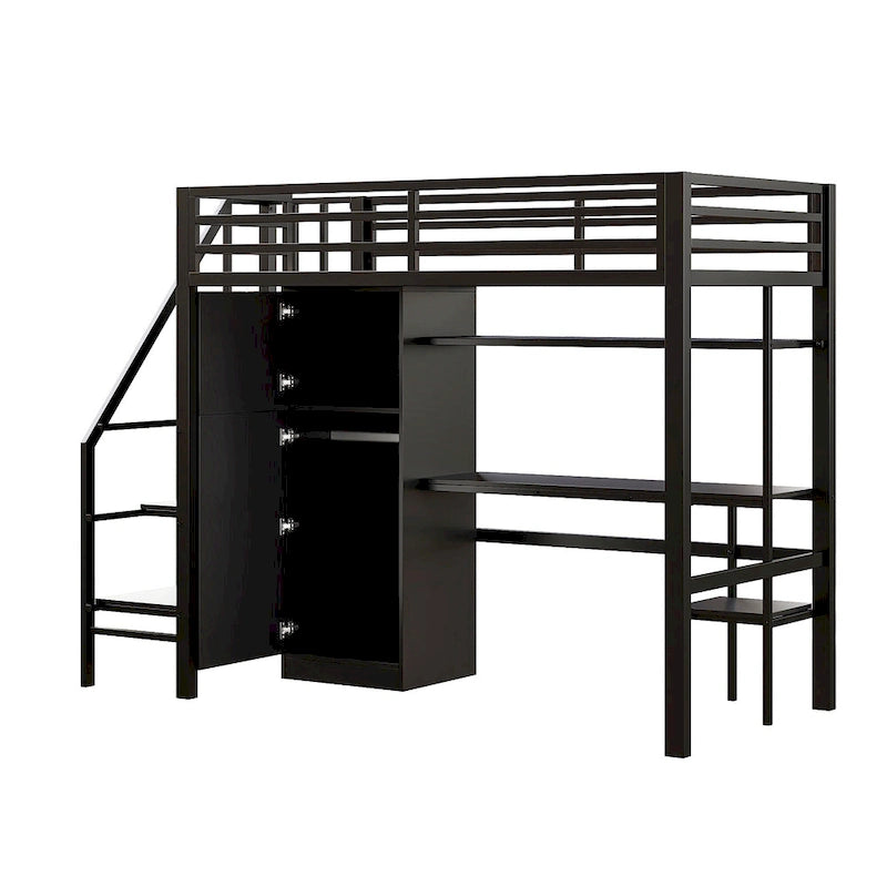 Twin Loft Bed with Desk & Storage Shelf, Full Guardrails Metal Kids Loft Bed with Storage Staircase & Wardrobe for Kids, Teens