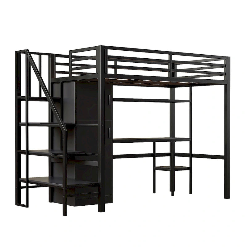Twin Loft Bed with Desk & Storage Shelf, Full Guardrails Metal Kids Loft Bed with Storage Staircase & Wardrobe for Kids, Teens