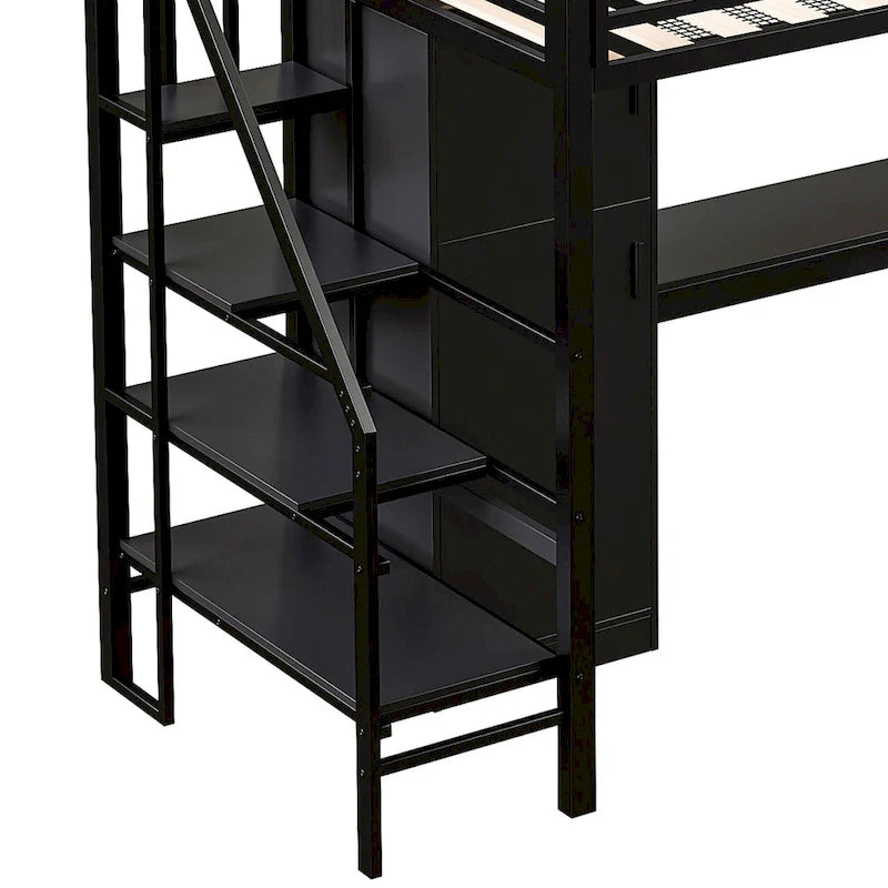 Twin Loft Bed with Desk & Storage Shelf, Full Guardrails Metal Kids Loft Bed with Storage Staircase & Wardrobe for Kids, Teens