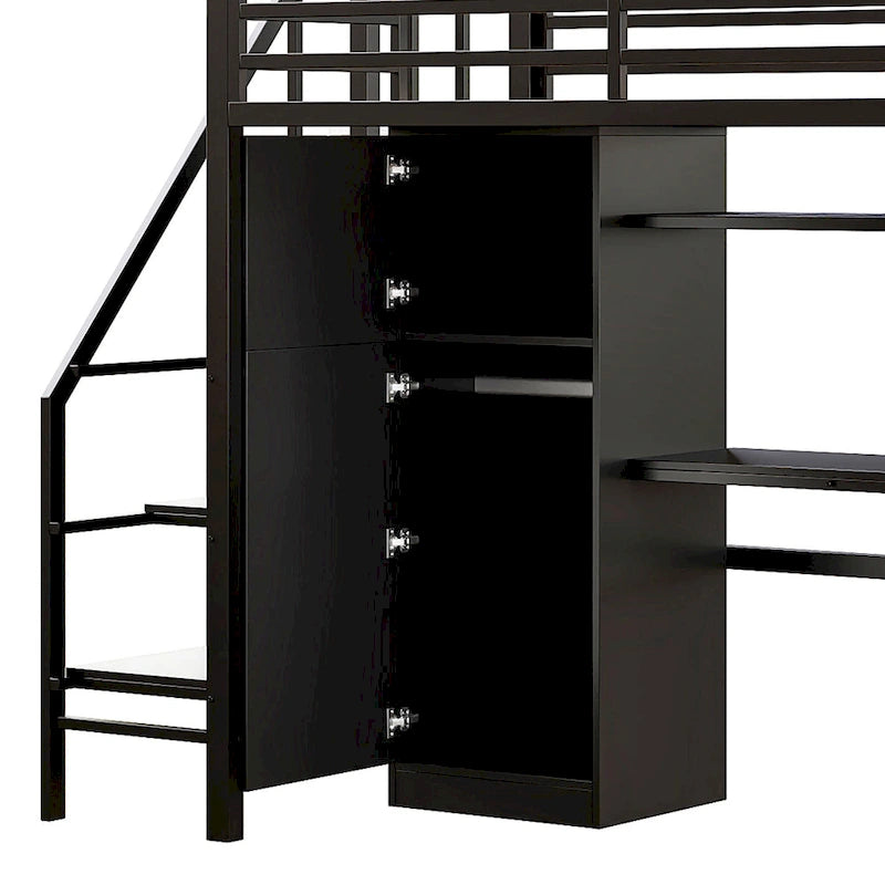 Twin Loft Bed with Desk & Storage Shelf, Full Guardrails Metal Kids Loft Bed with Storage Staircase & Wardrobe for Kids, Teens