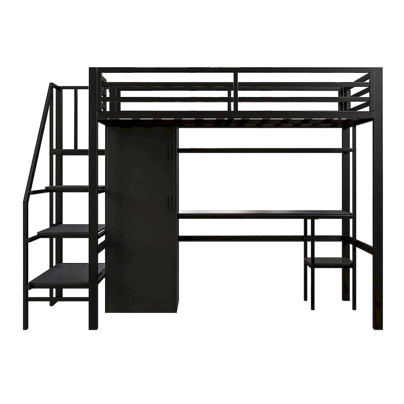 Twin Loft Bed with Desk & Storage Shelf, Full Guardrails Metal Kids Loft Bed with Storage Staircase & Wardrobe for Kids, Teens