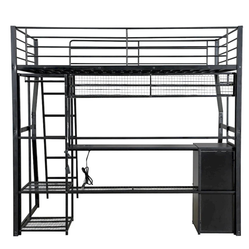 Full Size Black Metal Gaming Loft Bed w/ Open Wardrobe & Built-in Work Station, LED Storage Loft Bed Frame for Kids,Teens,Adults