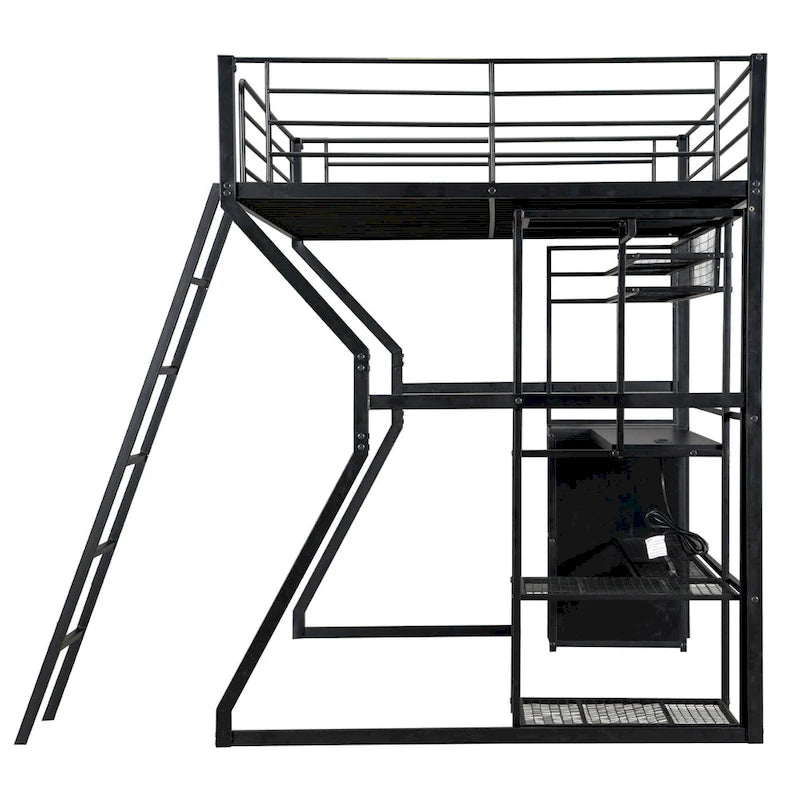 Full Size Black Metal Gaming Loft Bed w/ Open Wardrobe & Built-in Work Station, LED Storage Loft Bed Frame for Kids,Teens,Adults