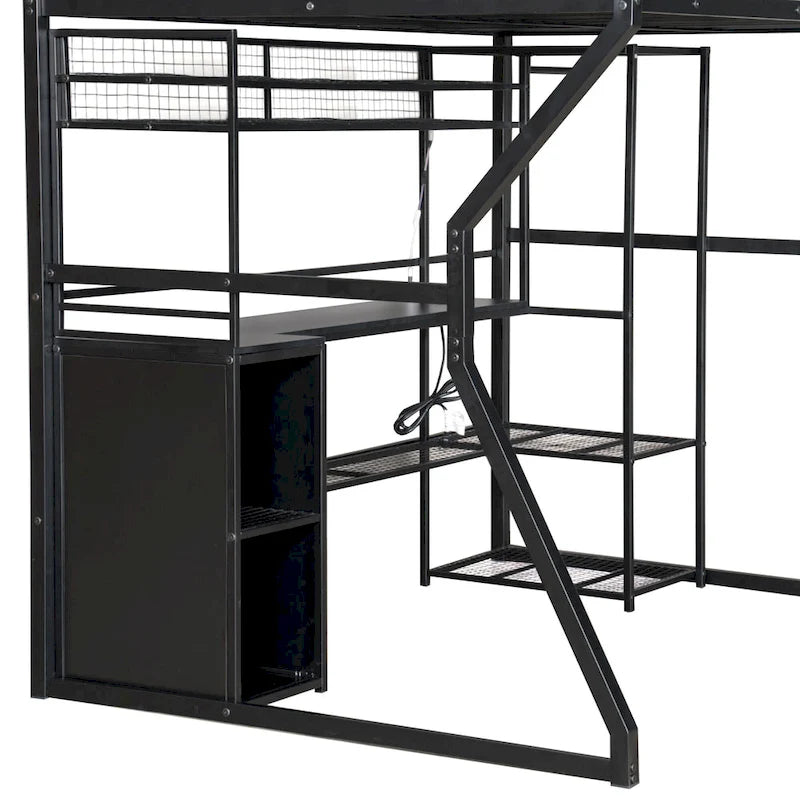 Full Size Black Metal Gaming Loft Bed w/ Open Wardrobe & Built-in Work Station, LED Storage Loft Bed Frame for Kids,Teens,Adults