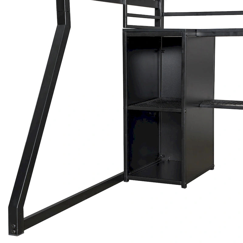 Full Size Black Metal Gaming Loft Bed w/ Open Wardrobe & Built-in Work Station, LED Storage Loft Bed Frame for Kids,Teens,Adults