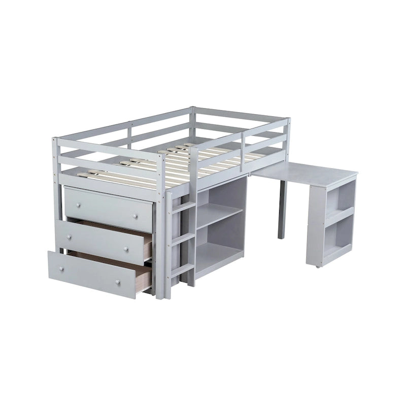 Twin Size Kids Low Loft Bed with Storage Drawer & Pull-Out Desk, Dorms Wood Bed Frame Space-Saving with Safety Guardrail
