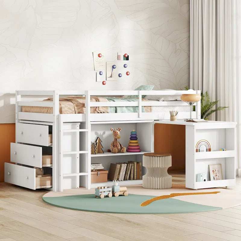 Twin Size Kids Low Loft Bed with Storage Drawer & Pull-Out Desk, Dorms Wood Bed Frame Space-Saving with Safety Guardrail