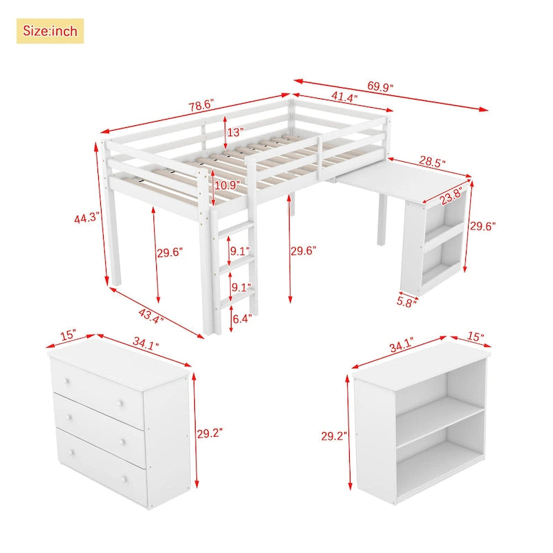 Twin Size Kids Low Loft Bed with Storage Drawer & Pull-Out Desk, Dorms Wood Bed Frame Space-Saving with Safety Guardrail