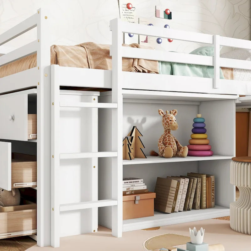 Twin Size Kids Low Loft Bed with Storage Drawer & Pull-Out Desk, Dorms Wood Bed Frame Space-Saving with Safety Guardrail