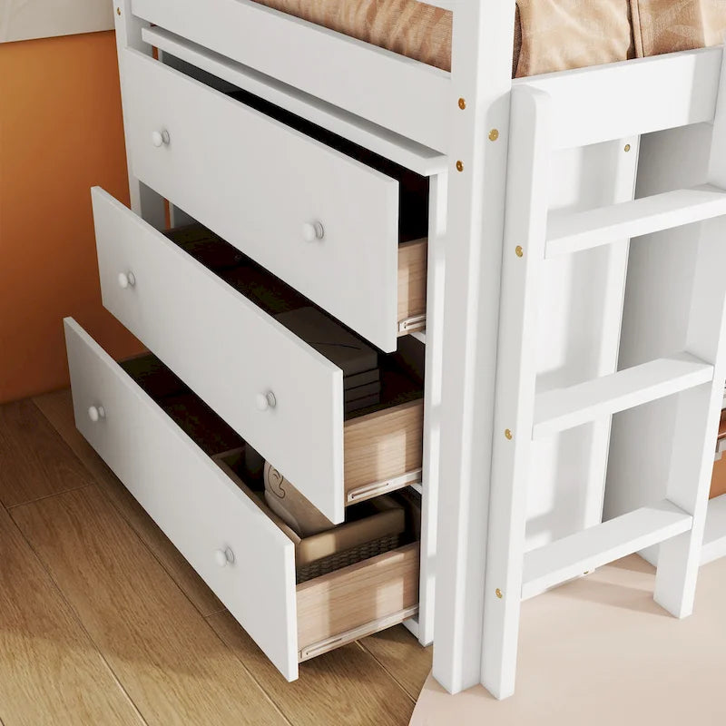 Twin Size Kids Low Loft Bed with Storage Drawer & Pull-Out Desk, Dorms Wood Bed Frame Space-Saving with Safety Guardrail