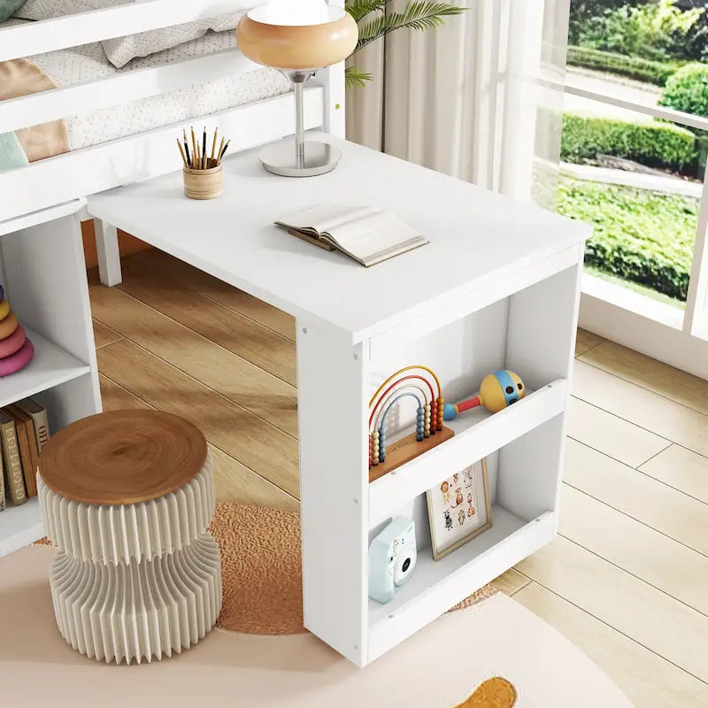 Twin Size Kids Low Loft Bed with Storage Drawer & Pull-Out Desk, Dorms Wood Bed Frame Space-Saving with Safety Guardrail