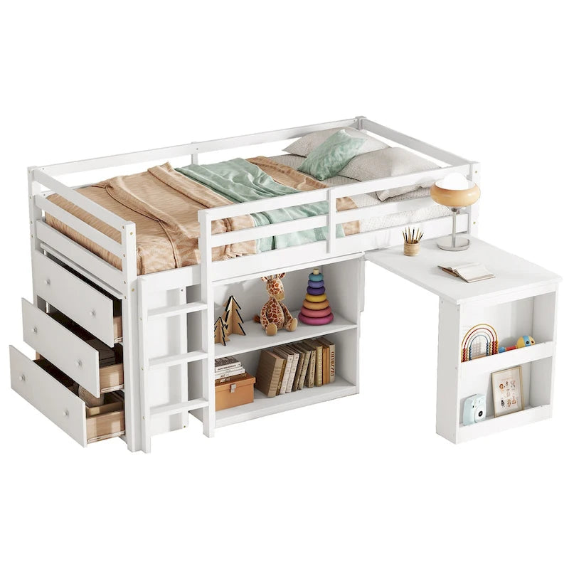 Twin Size Kids Low Loft Bed with Storage Drawer & Pull-Out Desk, Dorms Wood Bed Frame Space-Saving with Safety Guardrail