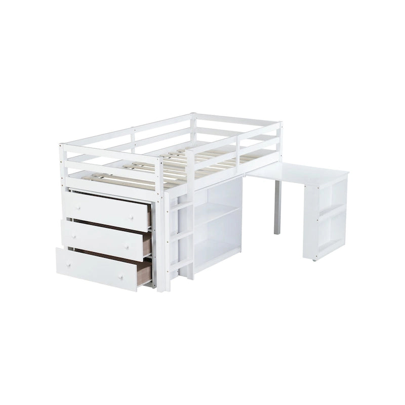 Twin Size Kids Low Loft Bed with Storage Drawer & Pull-Out Desk, Dorms Wood Bed Frame Space-Saving with Safety Guardrail