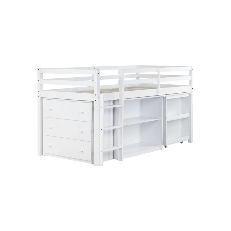 Twin Size Kids Low Loft Bed with Storage Drawer & Pull-Out Desk, Dorms Wood Bed Frame Space-Saving with Safety Guardrail