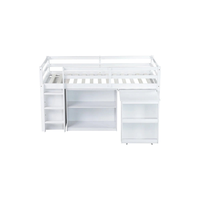 Twin Size Kids Low Loft Bed with Storage Drawer & Pull-Out Desk, Dorms Wood Bed Frame Space-Saving with Safety Guardrail