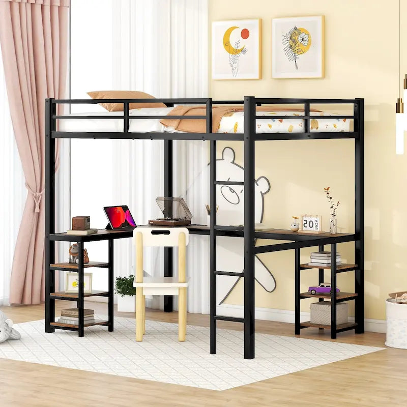 Full Size Metal Loft Bed with Vintage Wood-colored Desk