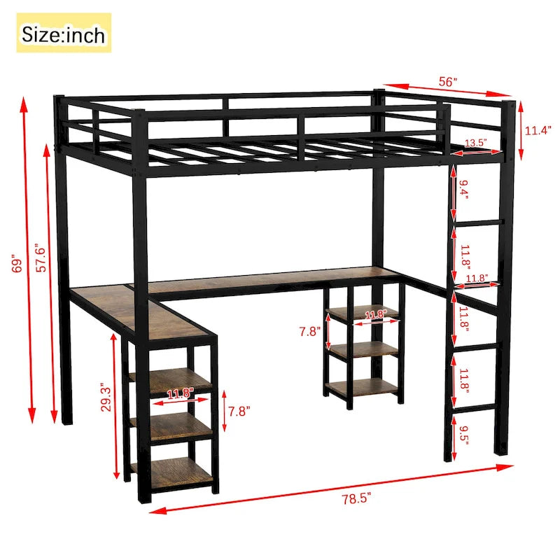 Full Size Metal Loft Bed with Vintage Wood-colored Desk