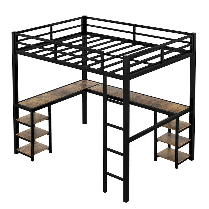 Full Size Metal Loft Bed with Vintage Wood-colored Desk