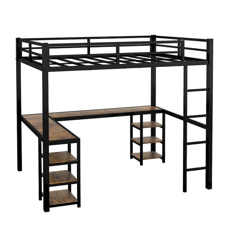 Full Size Metal Loft Bed with Vintage Wood-colored Desk