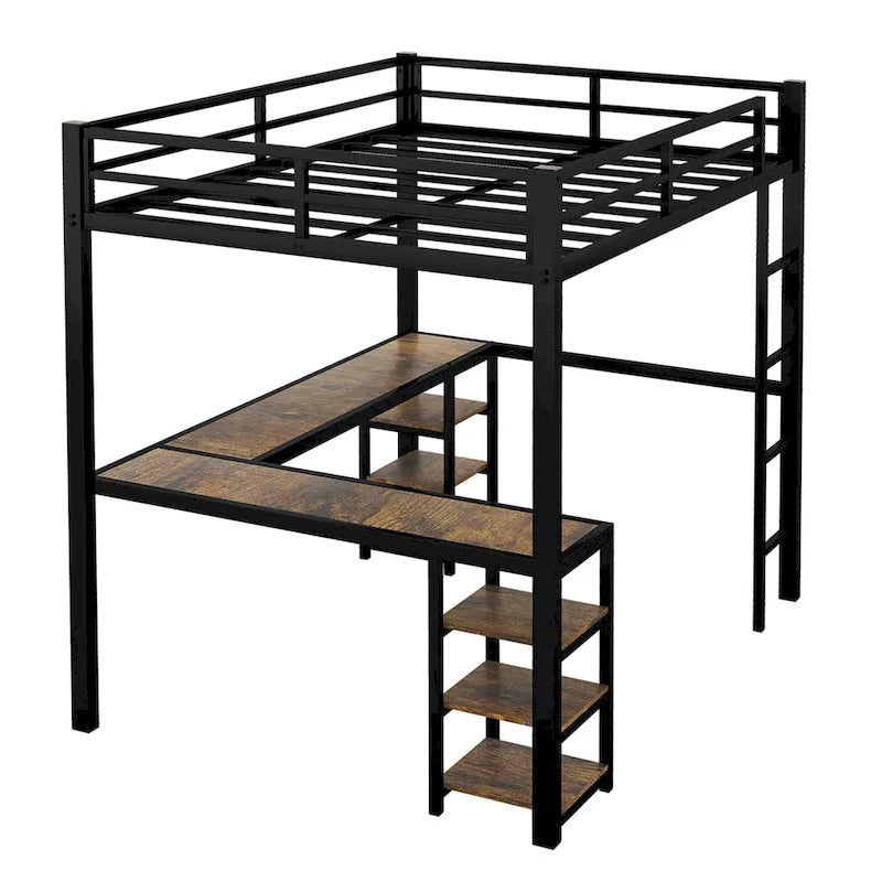 Full Size Metal Loft Bed with Vintage Wood-colored Desk