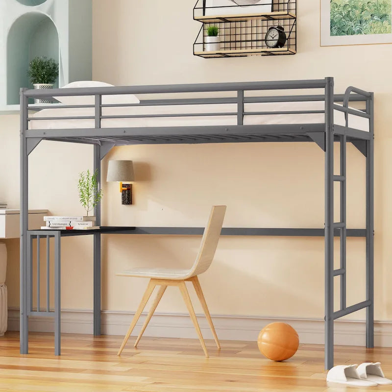 Twin Size Metal loft Bed with Desk, Ladder and Guardrails, Bookdesk under Bed for Bedroom
