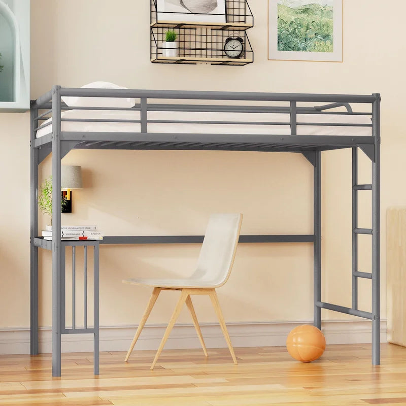 Twin Size Metal loft Bed with Desk, Ladder and Guardrails, Bookdesk under Bed for Bedroom