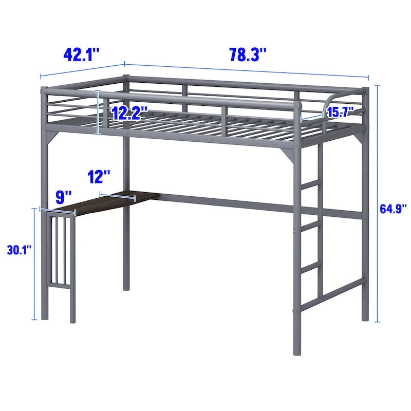 Twin Size Metal loft Bed with Desk, Ladder and Guardrails, Bookdesk under Bed for Bedroom