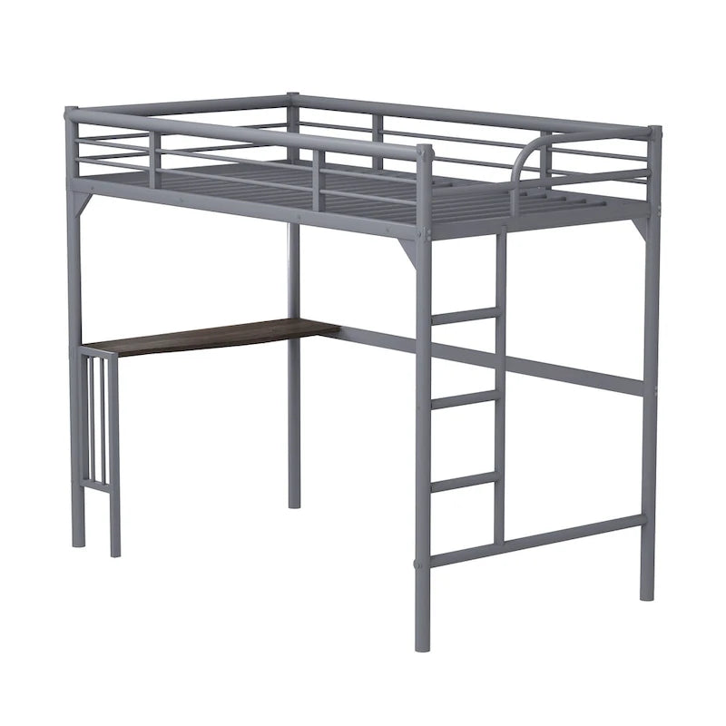 Twin Size Metal loft Bed with Desk, Ladder and Guardrails, Bookdesk under Bed for Bedroom
