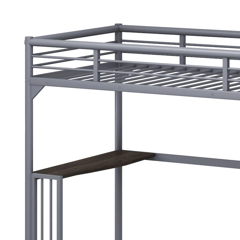 Twin Size Metal loft Bed with Desk, Ladder and Guardrails, Bookdesk under Bed for Bedroom