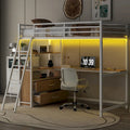 Twin Size Metal Wood Loft Bed with Desk and Shelves, Two Built-in Drawers, LED Light and USB Charging Station