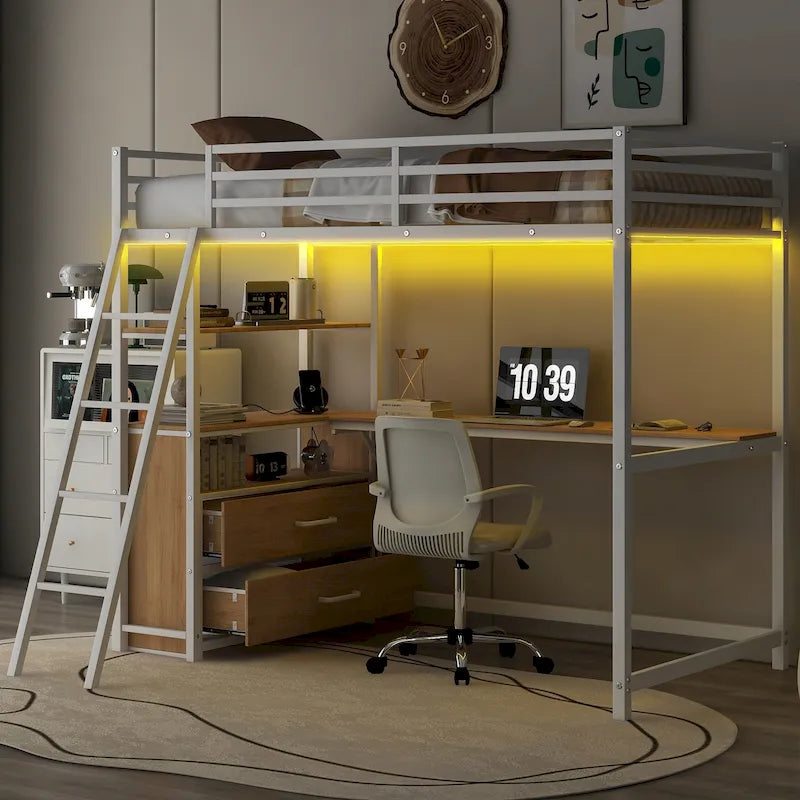 Twin Size Metal Wood Loft Bed with Desk and Shelves, Two Built-in Drawers, LED Light and USB Charging Station