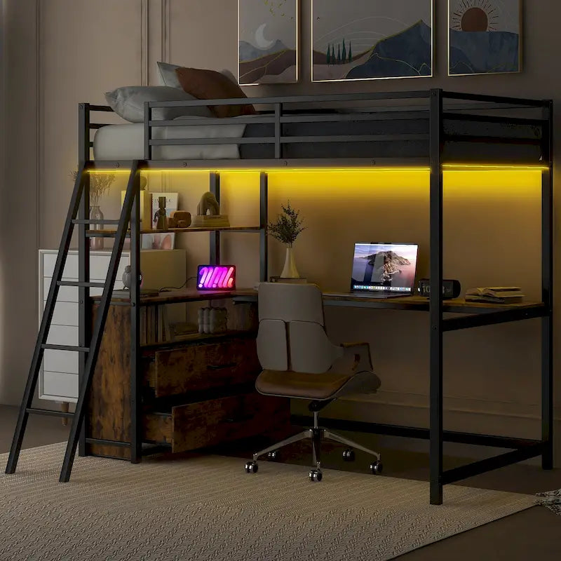 Twin Size Metal Wood Loft Bed with Desk and Shelves, Two Built-in Drawers, LED Light and USB Charging Station