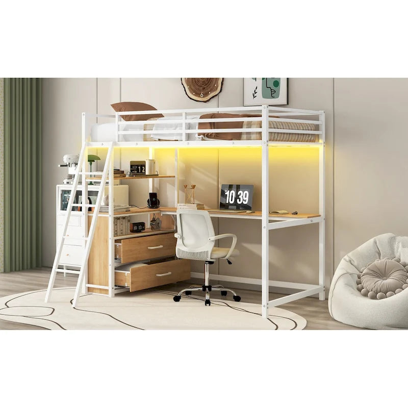 Twin Size Metal Wood Loft Bed with Desk and Shelves, Two Built-in Drawers, LED Light and USB Charging Station