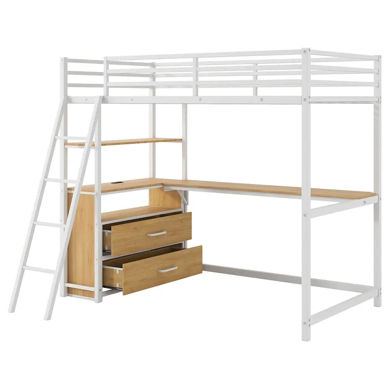 Twin Size Metal Wood Loft Bed with Desk and Shelves, Two Built-in Drawers, LED Light and USB Charging Station