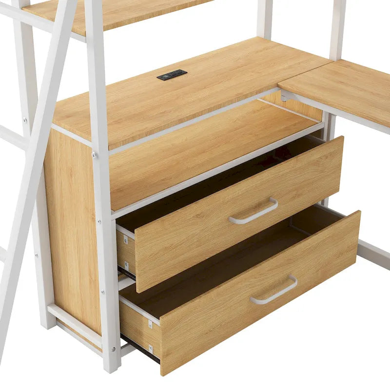 Twin Size Metal Wood Loft Bed with Desk and Shelves, Two Built-in Drawers, LED Light and USB Charging Station