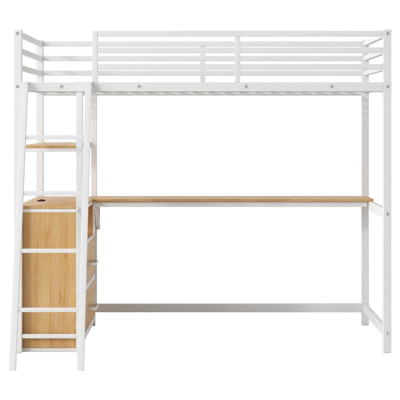 Twin Size Metal Wood Loft Bed with Desk and Shelves, Two Built-in Drawers, LED Light and USB Charging Station