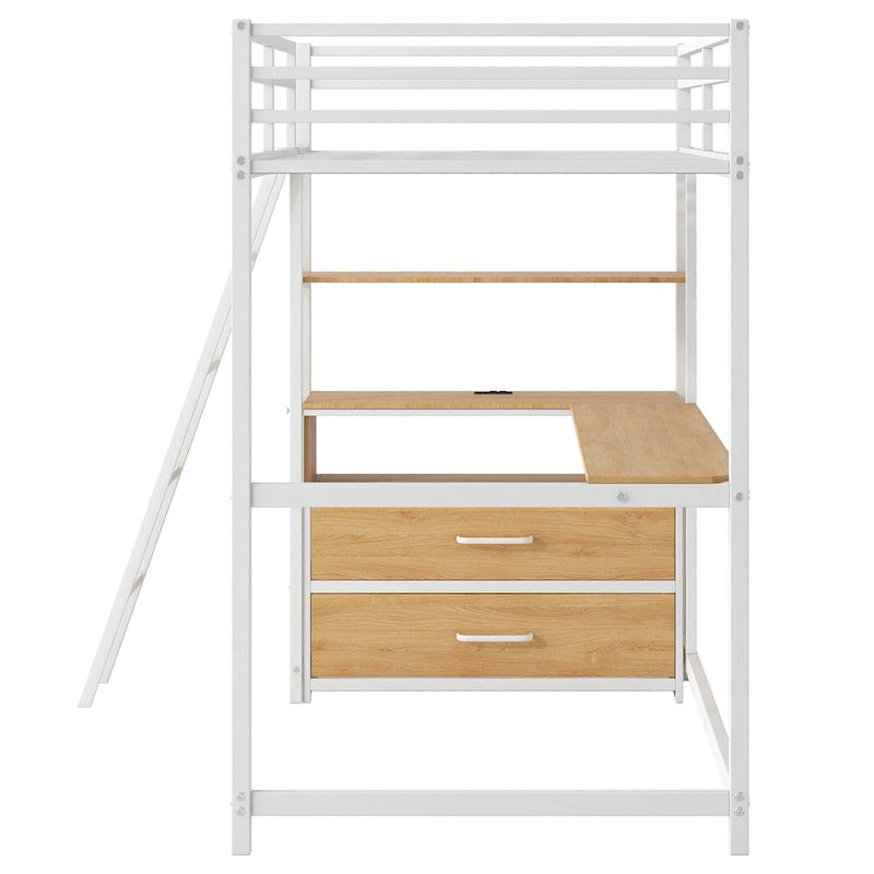 Twin Size Metal Wood Loft Bed with Desk and Shelves, Two Built-in Drawers, LED Light and USB Charging Station