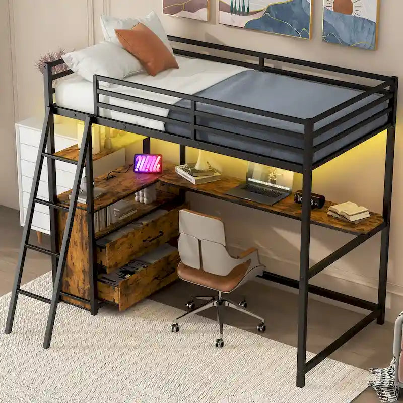 Twin Size Metal Wood Loft Bed with Desk and Shelves, Two Built-in Drawers, LED Light and USB Charging Station