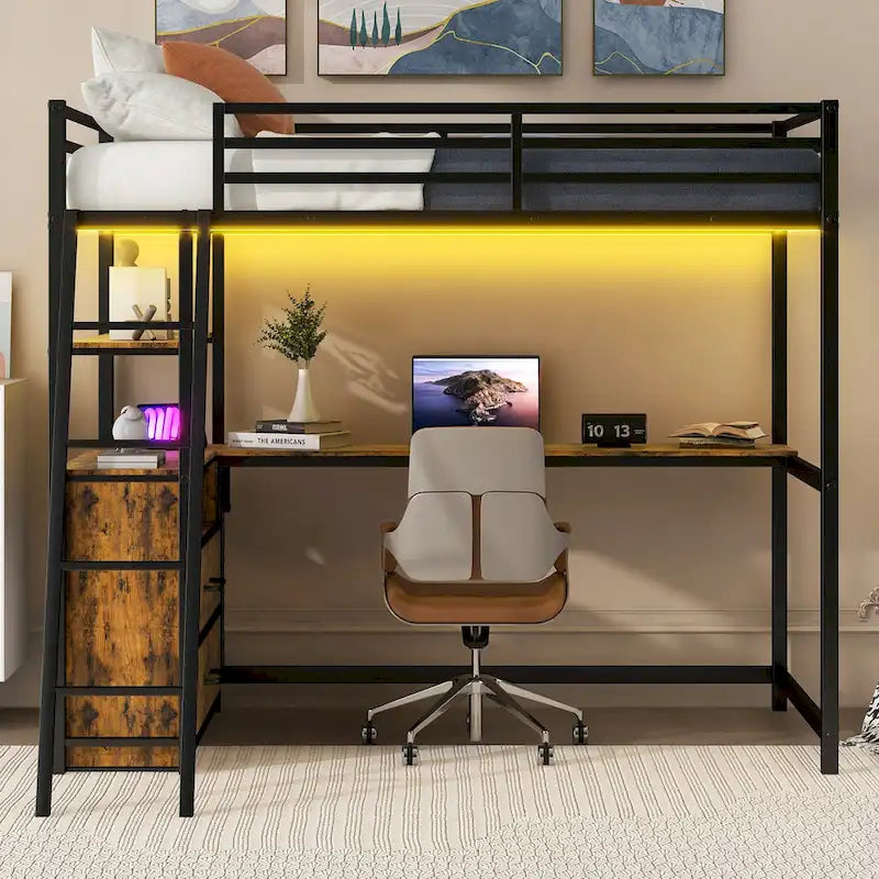 Twin Size Metal Wood Loft Bed with Desk and Shelves, Two Built-in Drawers, LED Light and USB Charging Station